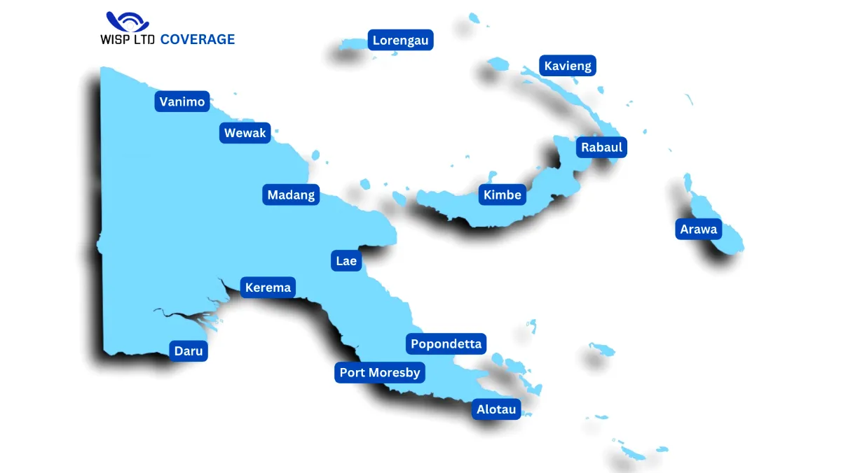 WISP Limited internet coverage map of Papua New Guinea showing Port Moresby, Lae, Madang, Wewak, Kimbe, Rabaul, Kavieng and Alotau